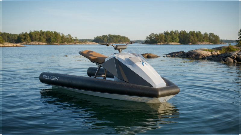 ROXEN on a calm lake with trees and rocks in the background