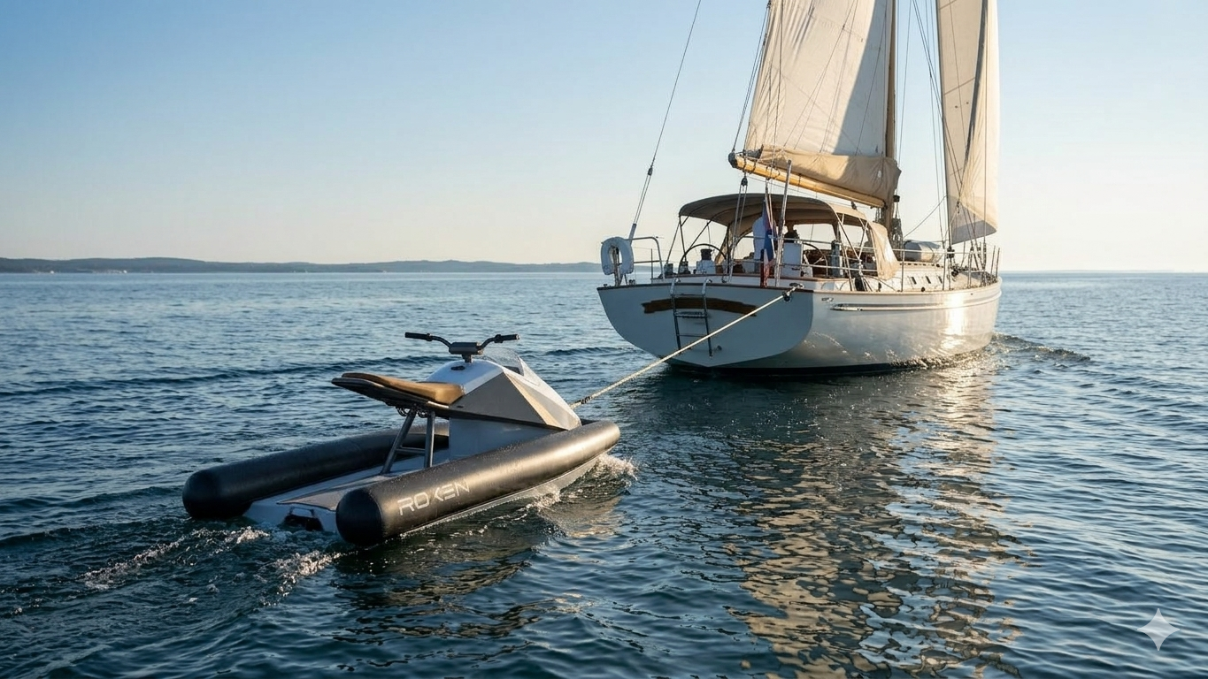 Sailing boat with a small jetski on calm water