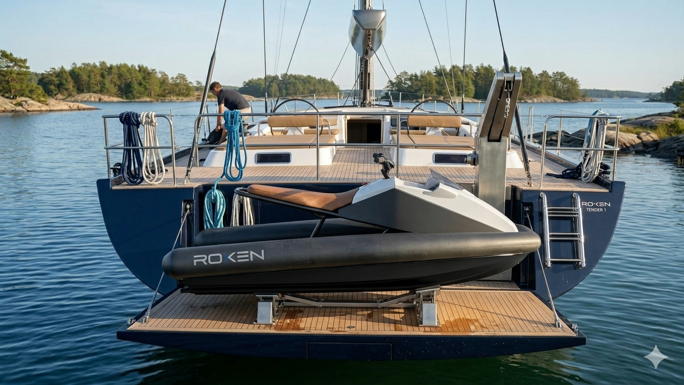 Yacht docked at a pier with a person on board, surrounded by water and trees.