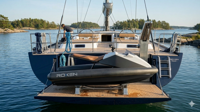 Yacht docked at a pier with a person on board, surrounded by water and trees.
