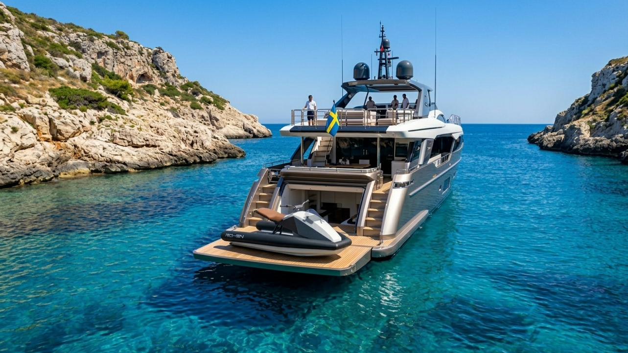 Luxury yacht in a clear blue sea with rocky cliffs in the background with electric jetski