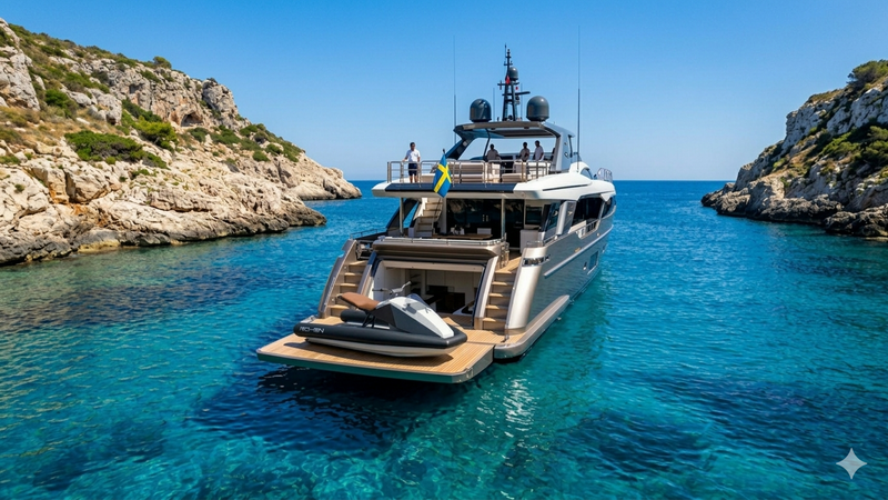 Luxury yacht in a clear blue sea with rocky cliffs in the background with electric jetski