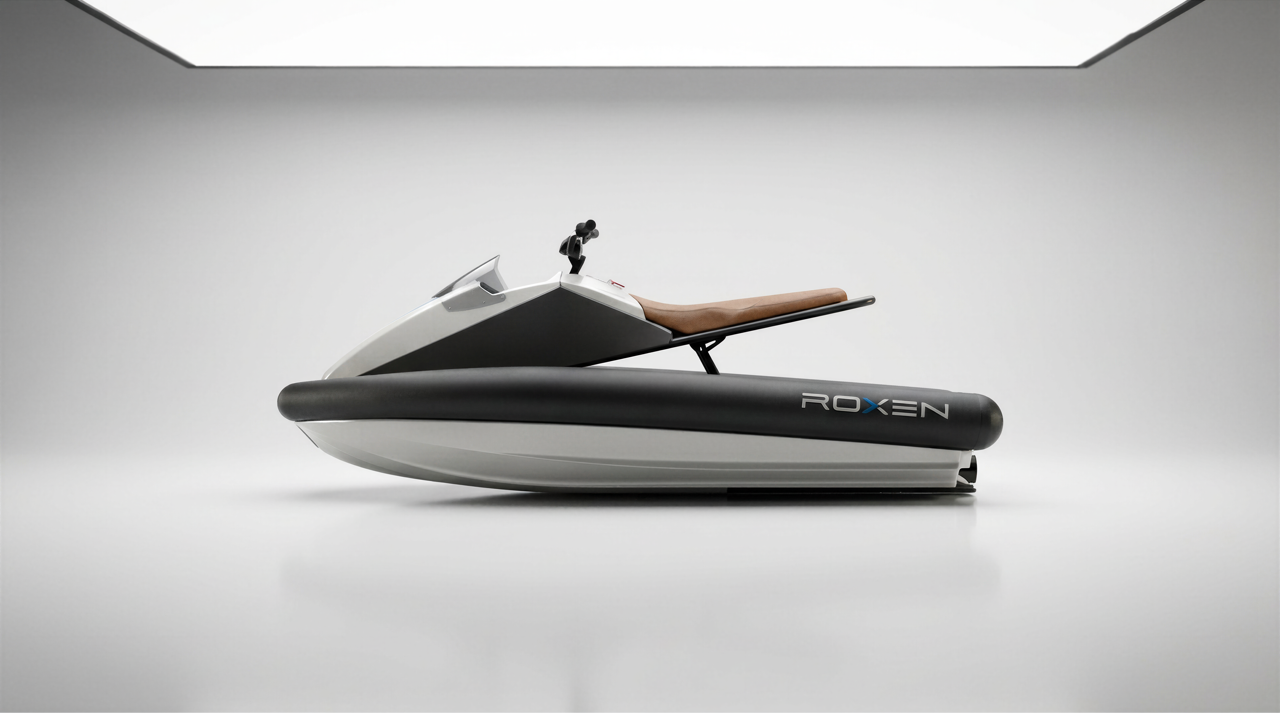 White and black ROXEN jet ski on a gray background