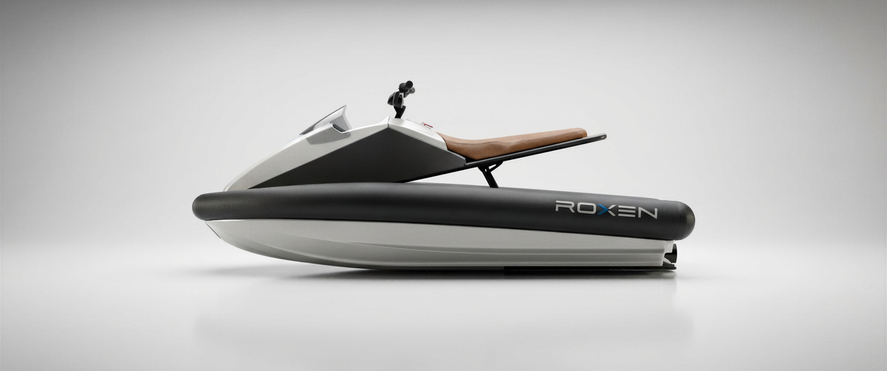 White and black ROXEN jet ski on a gray background
