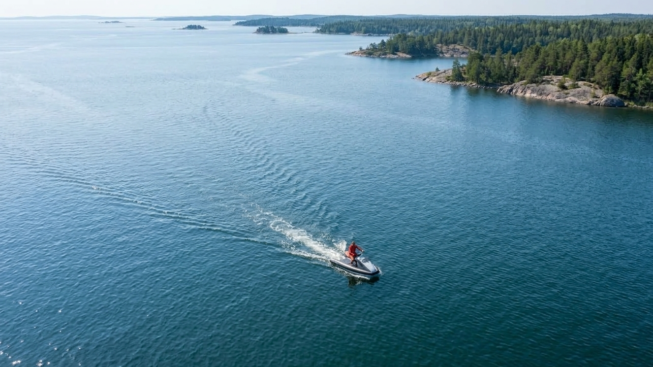 Person on a ROXEN in a large body of water with islands in the background