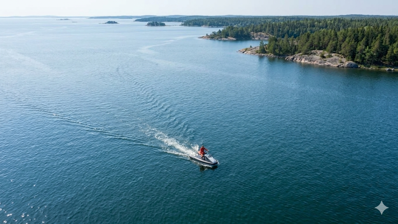 Person on a ROXEN in a large body of water with islands in the background