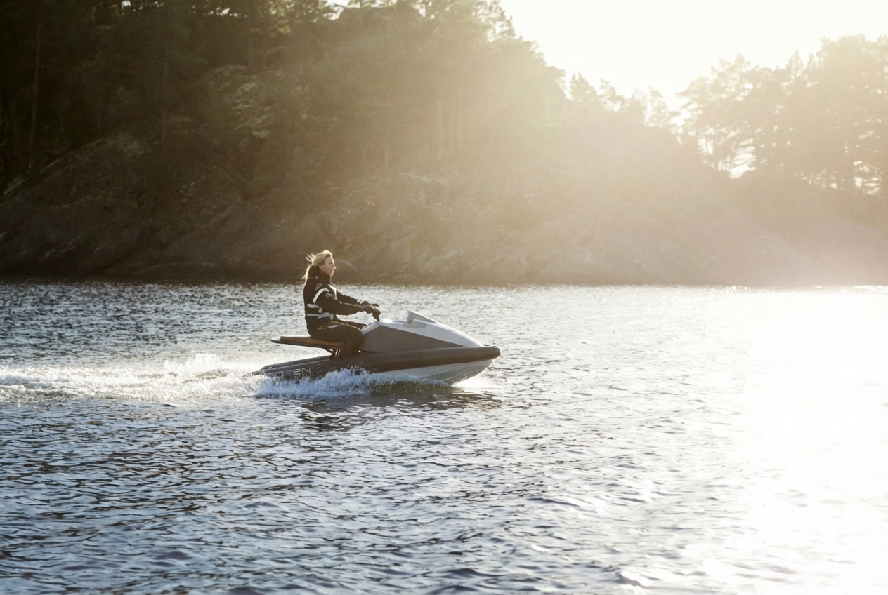 Person riding a jet ski on a lake with trees in the background
